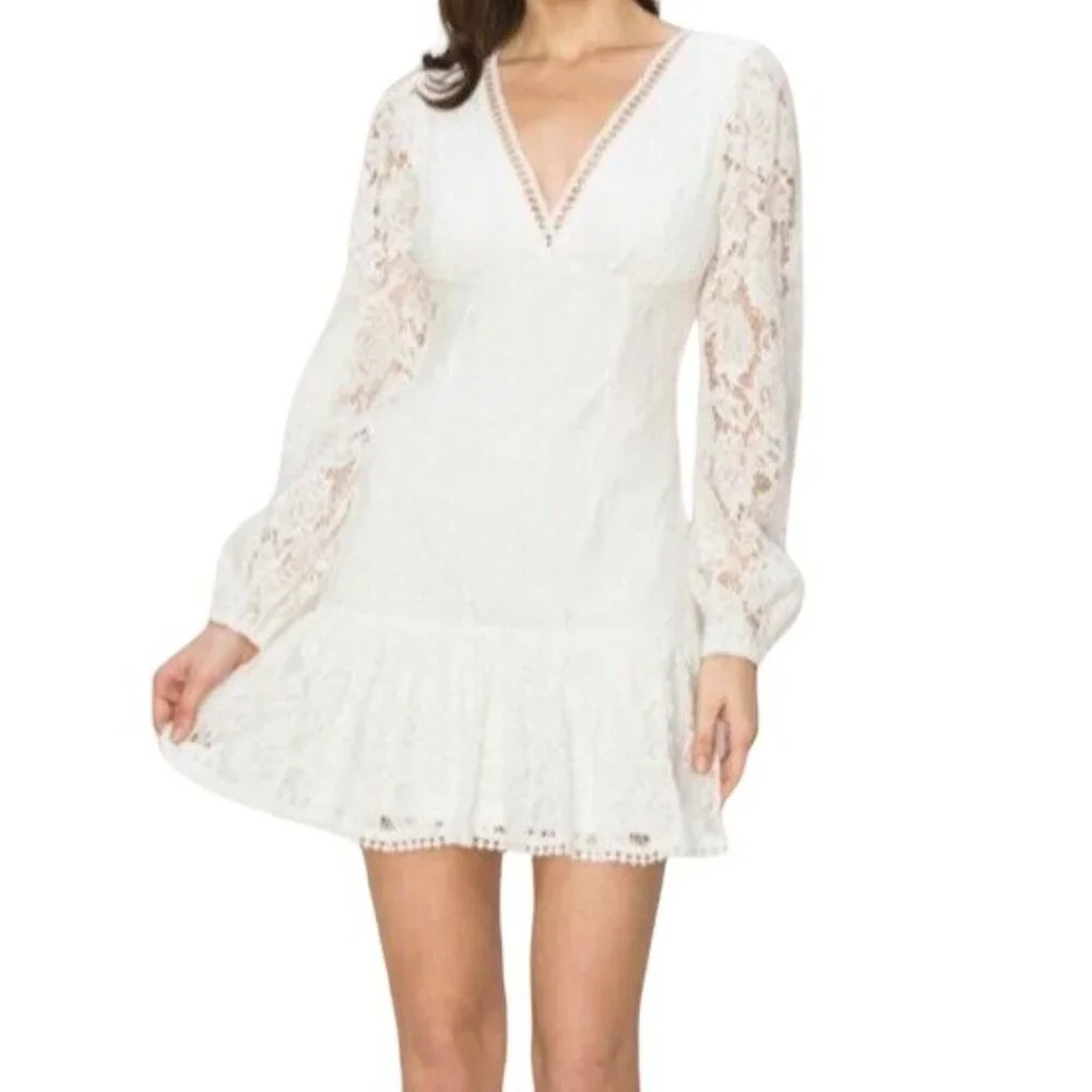 INA Lace Tie Back V-Neck Long Sleeve Mini Dress White Size Medium NWT - Picture 3 of 5